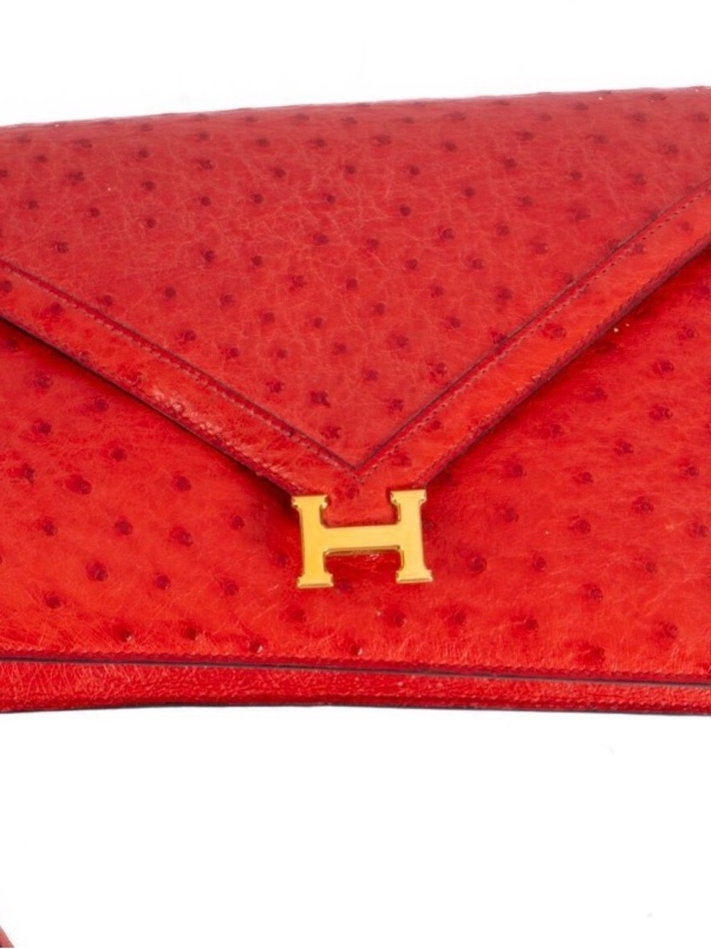 Hermes Red Ostrich Envelope Clutch with Gold 'H'